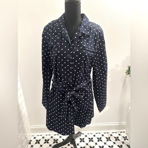 Kim Rogers. Size XL. Belted trench coat in Navy and White polka dots.